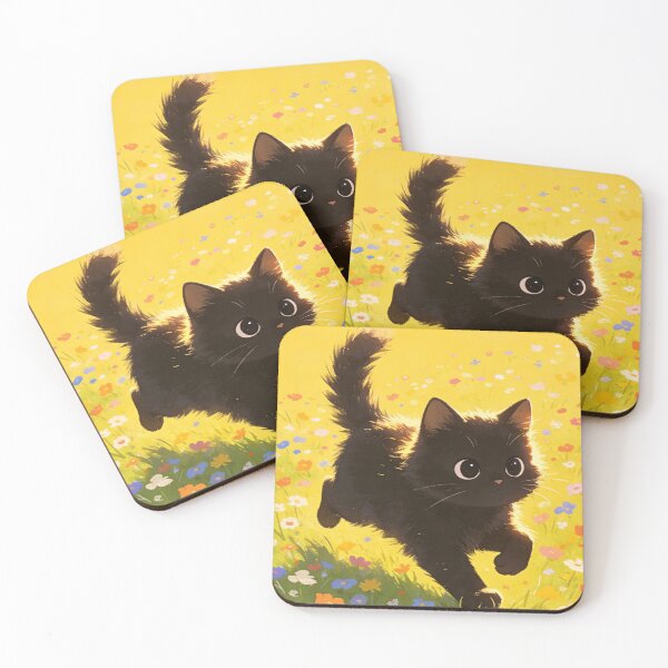 Item preview, Playful Black Kitten Running in Sunlit Flower Field Bright Art designed and sold by wangkyxing.