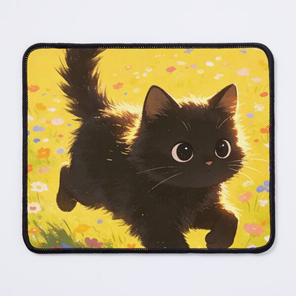 Item preview, Playful Black Kitten Running in Sunlit Flower Field Bright Art designed and sold by wangkyxing.