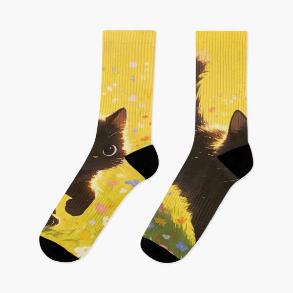 Item preview, Playful Black Kitten Running in Sunlit Flower Field Bright Art designed and sold by wangkyxing.