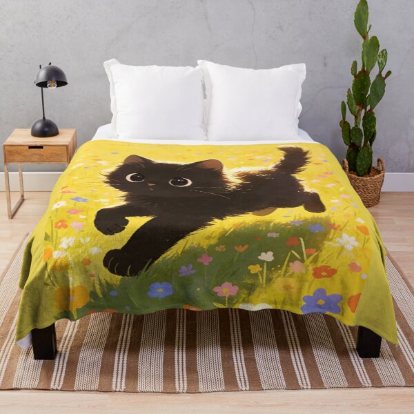 Item preview, Lively Black Kitten Sprinting in Sunlit Flower Field Bright Art designed and sold by wangkyxing.