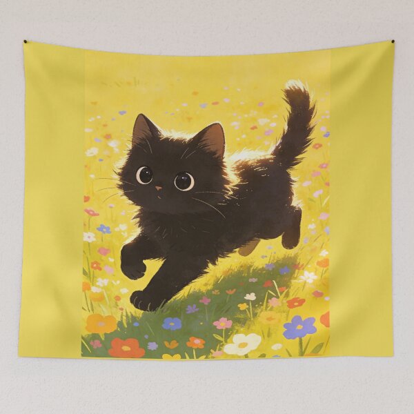 Item preview, Lively Black Kitten Sprinting in Sunlit Flower Field Bright Art designed and sold by wangkyxing.