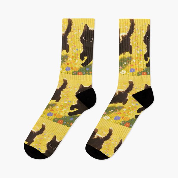 Item preview, Lively Black Kitten Sprinting in Sunlit Flower Field Bright Art designed and sold by wangkyxing.