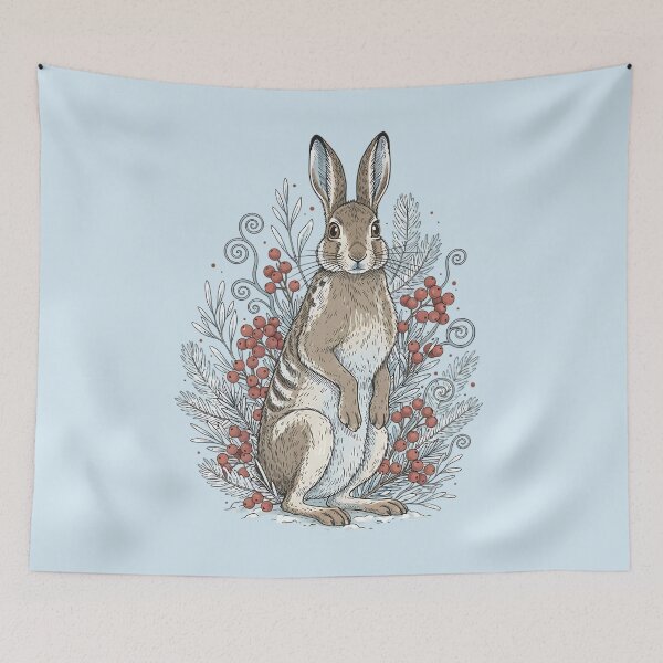 Item preview, Snowshoe Hare With Winter Berries Vintage Illustration designed and sold by BirdsnStuff.