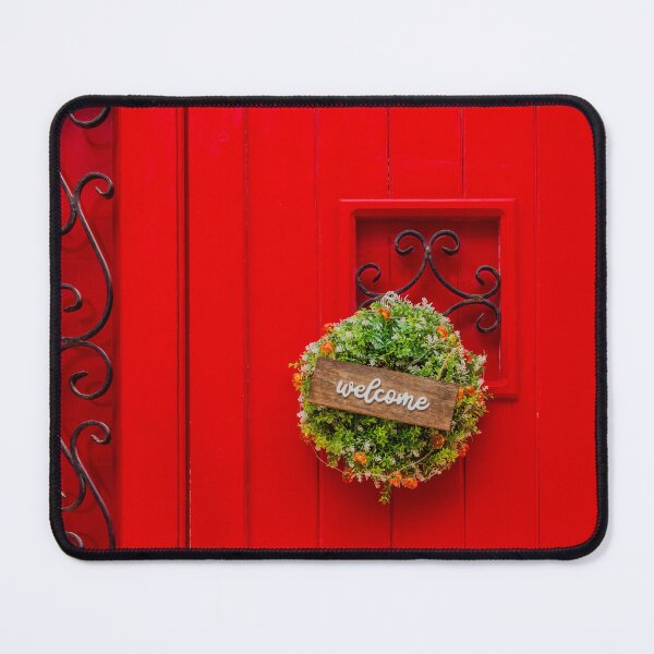 Item preview, Vibrant Red Front Door With Wreath, Welcome Sign, and Decorative Iron Details designed and sold by Nmallia.