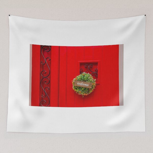 Item preview, Vibrant Red Front Door With Wreath, Welcome Sign, and Decorative Iron Details designed and sold by Nmallia.