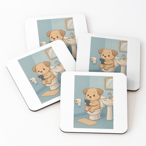 Item preview,  Adorable Puppy on Toilet Using Mobile – Cute Bathroom Cartoon Art designed and sold by VibeVauilt.