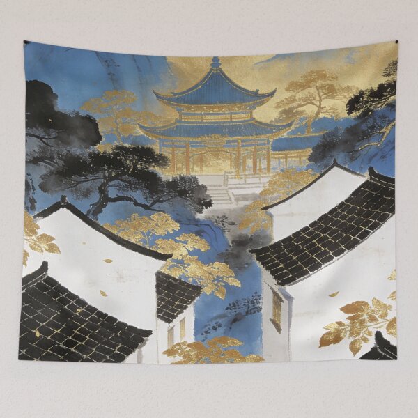 Item preview, Majestic Blue Temple and Golden Village Landscape designed and sold by zzz888.