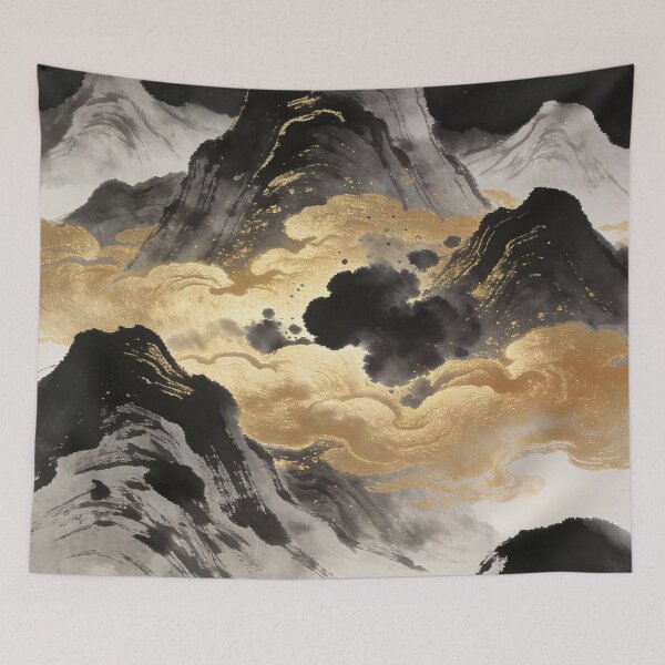 Item preview, Majestic Ink Mountains with Flowing Golden Clouds designed and sold by zzz888.