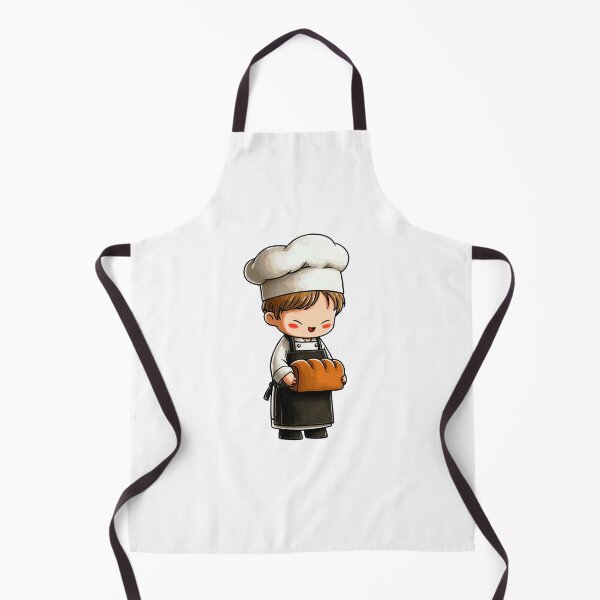 Item preview, cute happy chibi boy baker holding small loaf bread chef uniform apron kitchen smiling professional cartoon illustration designed and sold by Mimoshi ⭐⭐⭐⭐⭐.