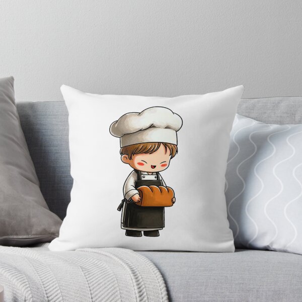 Item preview, cute happy chibi boy baker holding small loaf bread chef uniform apron kitchen smiling professional cartoon illustration designed and sold by Mimoshi ⭐⭐⭐⭐⭐.