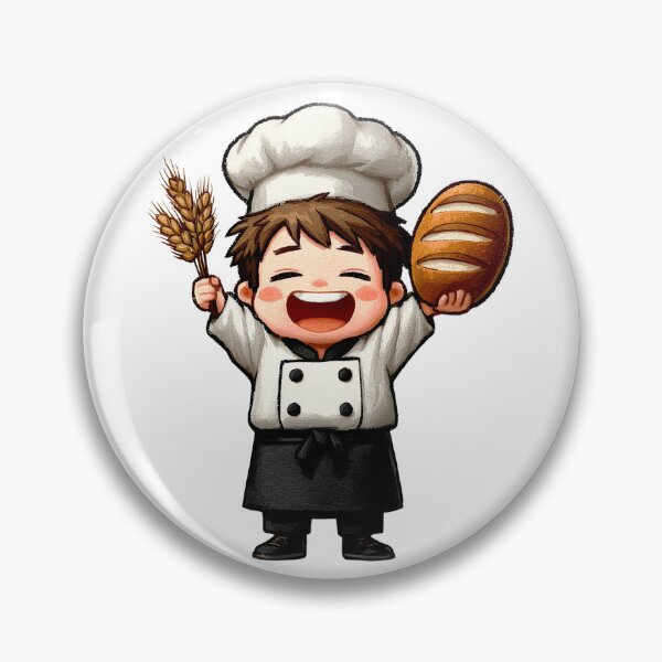 Item preview, ecstatic chibi boy baker holding artisan loaf wheat stalks happy chef uniform professional smiling food cartoon illustration designed and sold by Mimoshi ⭐⭐⭐⭐⭐.