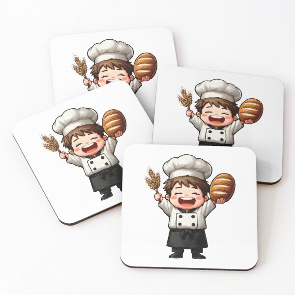 Item preview, ecstatic chibi boy baker holding artisan loaf wheat stalks happy chef uniform professional smiling food cartoon illustration designed and sold by Mimoshi ⭐⭐⭐⭐⭐.