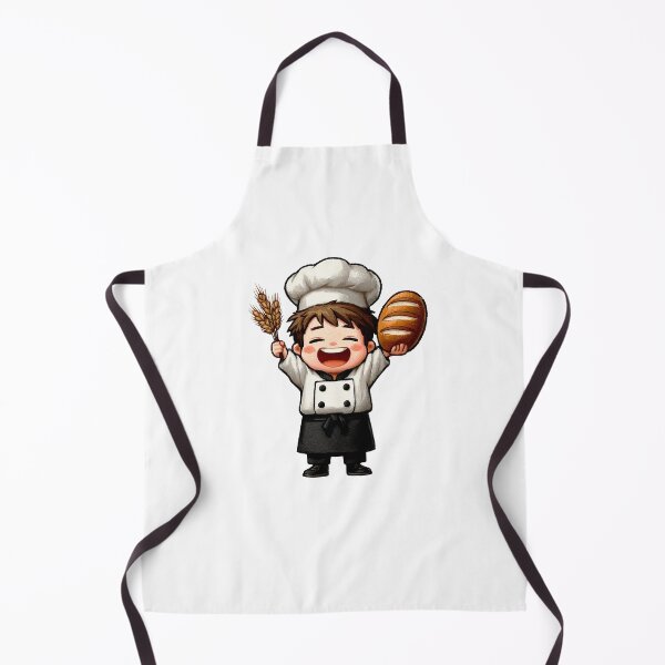 Item preview, ecstatic chibi boy baker holding artisan loaf wheat stalks happy chef uniform professional smiling food cartoon illustration designed and sold by Mimoshi ⭐⭐⭐⭐⭐.