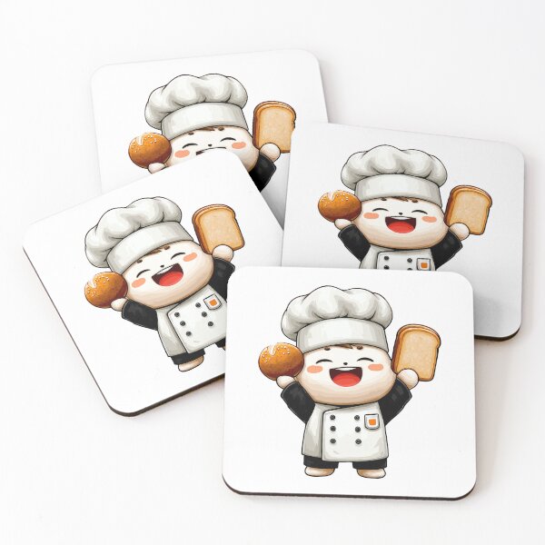 Item preview, Excited Chibi Baker Mascot Holding Fresh Roll Slice Toast Bread Joyful Smile Delicious Bakery Product Food Service Illustration designed and sold by Mimoshi ⭐⭐⭐⭐⭐.