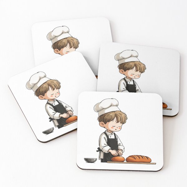 Item preview, focused chibi boy baker kneading dough preparing fresh rustic bread loaves chef apron uniform kitchen concentration cartoon designed and sold by Mimoshi ⭐⭐⭐⭐⭐.