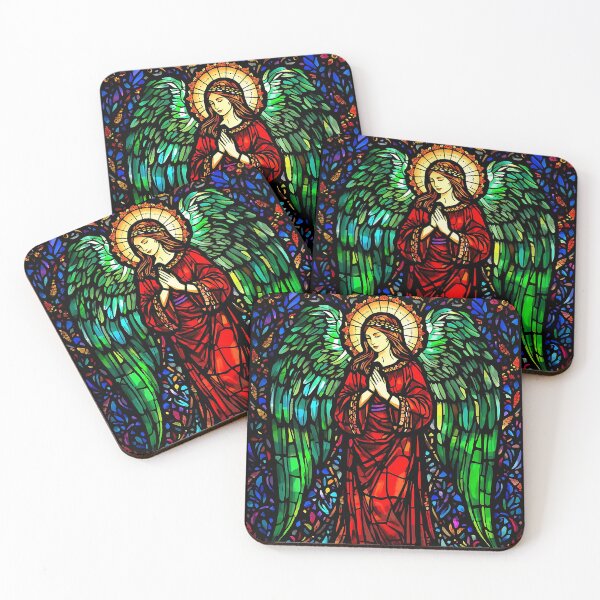 Item preview, Stained Glass Angel in Red – Vibrant Celestial Artwork with Green Wings and Radiant Light designed and sold by Beamiverse.