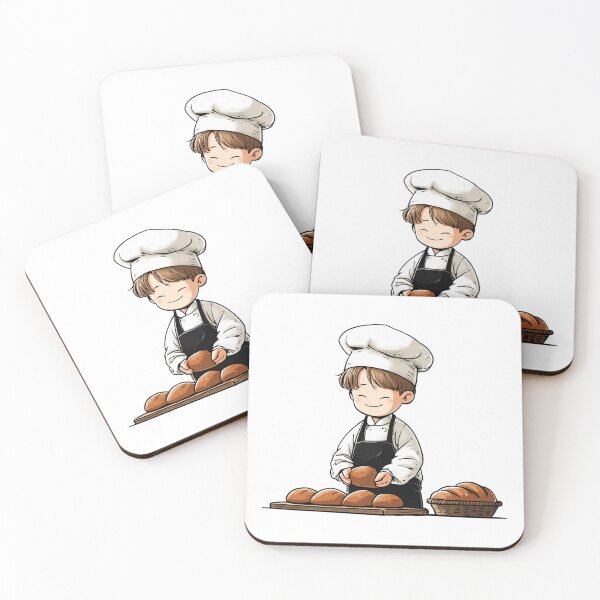 Item preview, happy chibi boy baker chef holding round loaf bread multiple rolls basket rustic wooden table kitchen cartoon illustration designed and sold by Mimoshi ⭐⭐⭐⭐⭐.