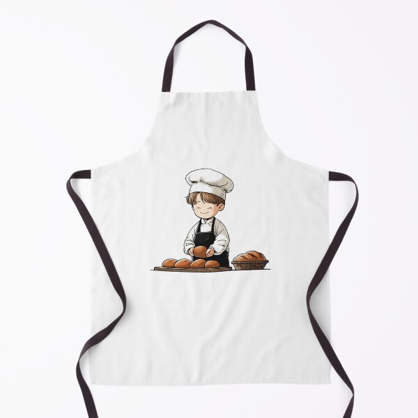 Item preview, happy chibi boy baker chef holding round loaf bread multiple rolls basket rustic wooden table kitchen cartoon illustration designed and sold by Mimoshi ⭐⭐⭐⭐⭐.