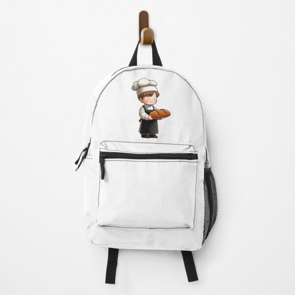 Item preview, happy chibi boy baker holding rustic loaf bread smiling chef uniform apron kitchen professional cartoon illustration designed and sold by Mimoshi ⭐⭐⭐⭐⭐.
