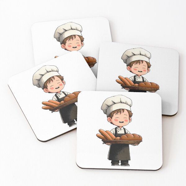 Item preview, happy chibi boy baker presenting assorted bread tray baguette loaf rolls chef uniform professional apron kitchen illustration designed and sold by Mimoshi ⭐⭐⭐⭐⭐.
