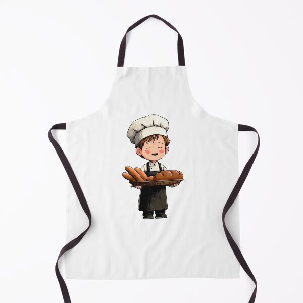Item preview, happy chibi boy baker presenting assorted bread tray baguette loaf rolls chef uniform professional apron kitchen illustration designed and sold by Mimoshi ⭐⭐⭐⭐⭐.
