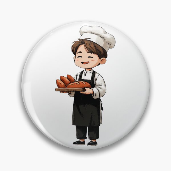 Item preview, happy chibi boy chef proudly holding wooden tray fresh baked french bread rolls baguettes bakery professional cartoon illustration designed and sold by Mimoshi ⭐⭐⭐⭐⭐.