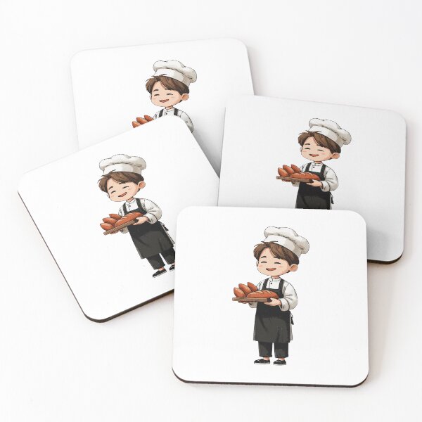 Item preview, happy chibi boy chef proudly holding wooden tray fresh baked french bread rolls baguettes bakery professional cartoon illustration designed and sold by Mimoshi ⭐⭐⭐⭐⭐.