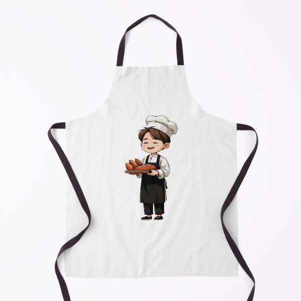 Item preview, happy chibi boy chef proudly holding wooden tray fresh baked french bread rolls baguettes bakery professional cartoon illustration designed and sold by Mimoshi ⭐⭐⭐⭐⭐.