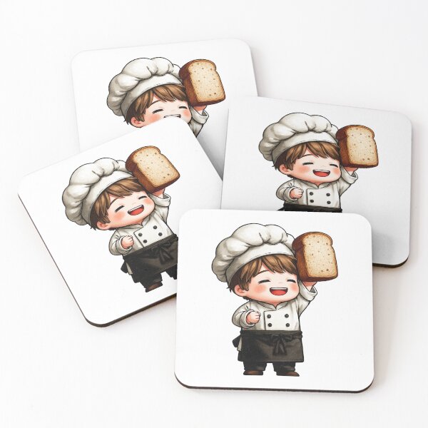 Item preview, happy chibi boy professional baker chef proudly holding freshly sliced bread loaf rich color cute cartoon illustration designed and sold by Mimoshi ⭐⭐⭐⭐⭐.