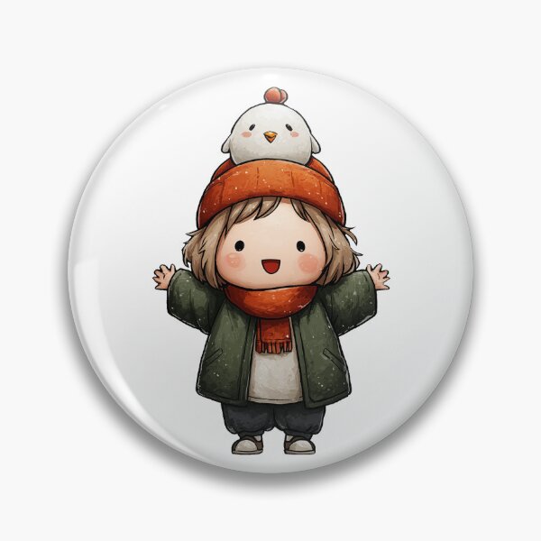 Item preview, happy chibi girl winter coat scarf bird hat open arms adorable child festive season cold weather illustration designed and sold by Mimoshi ⭐⭐⭐⭐⭐.