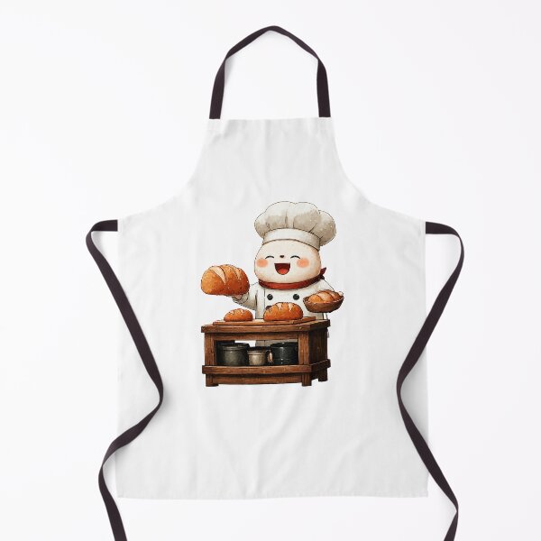 Item preview, happy chibi mascot baker presenting artisan bread loaves wooden table smiling food production professional illustration designed and sold by Mimoshi ⭐⭐⭐⭐⭐.