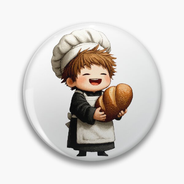 Item preview, overjoyed chibi boy baker hugging rustic artisan loaf bread fresh baked warm happy chef apron kitchen cartoon illustration designed and sold by Mimoshi ⭐⭐⭐⭐⭐.