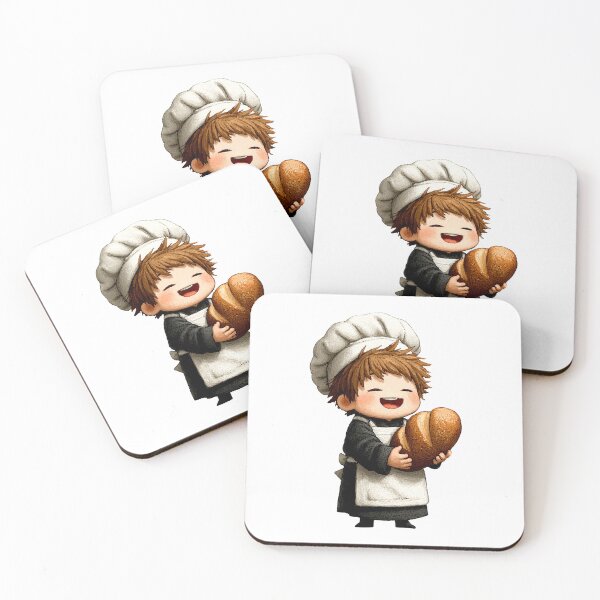 Item preview, overjoyed chibi boy baker hugging rustic artisan loaf bread fresh baked warm happy chef apron kitchen cartoon illustration designed and sold by Mimoshi ⭐⭐⭐⭐⭐.