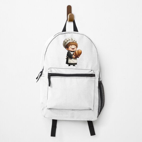 Item preview, overjoyed chibi boy baker hugging rustic artisan loaf bread fresh baked warm happy chef apron kitchen cartoon illustration designed and sold by Mimoshi ⭐⭐⭐⭐⭐.