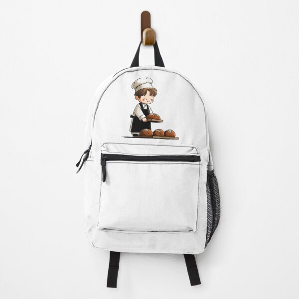Item preview, smiling chibi boy baker presenting bread loaves wooden tray rustic chef apron uniform professional kitchen cartoon illustration designed and sold by Mimoshi ⭐⭐⭐⭐⭐.