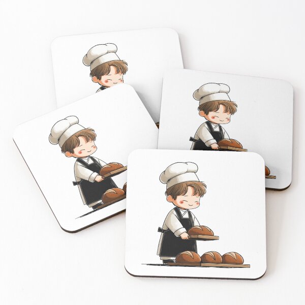Item preview, smiling chibi boy baker presenting bread loaves wooden tray rustic chef apron uniform professional kitchen cartoon illustration designed and sold by Mimoshi ⭐⭐⭐⭐⭐.