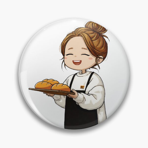 Item preview, smiling chibi girl baker holding wooden tray fresh baked rustic loaves happy female employee uniform casual apron kitchen illustration designed and sold by Mimoshi ⭐⭐⭐⭐⭐.