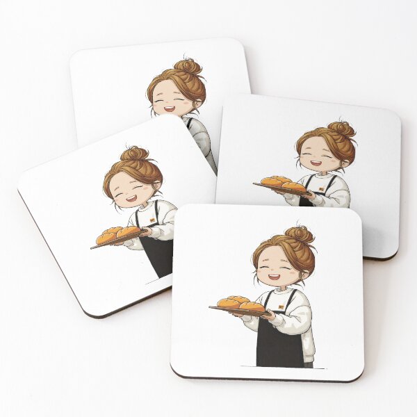 Item preview, smiling chibi girl baker holding wooden tray fresh baked rustic loaves happy female employee uniform casual apron kitchen illustration designed and sold by Mimoshi ⭐⭐⭐⭐⭐.