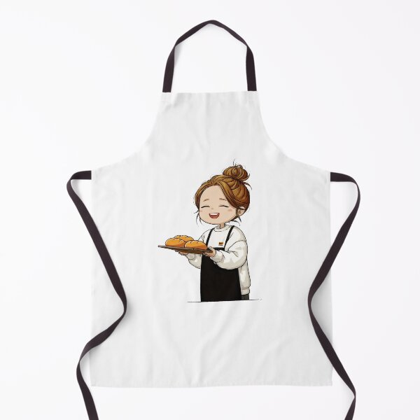 Item preview, smiling chibi girl baker holding wooden tray fresh baked rustic loaves happy female employee uniform casual apron kitchen illustration designed and sold by Mimoshi ⭐⭐⭐⭐⭐.