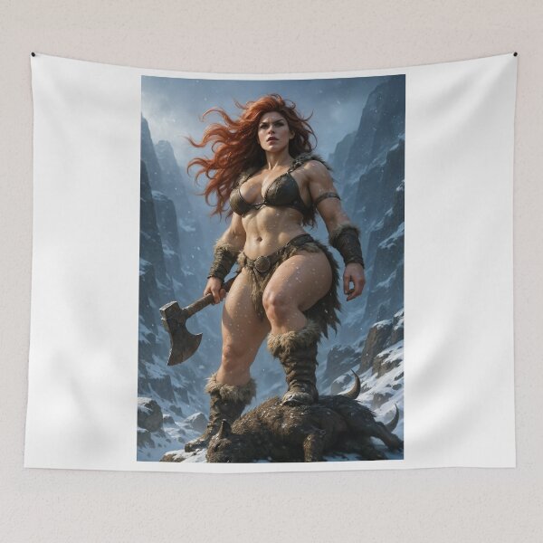 Item preview, Red hair warrior in fur armor atop mountain pass designed and sold by CathryneDelamort.