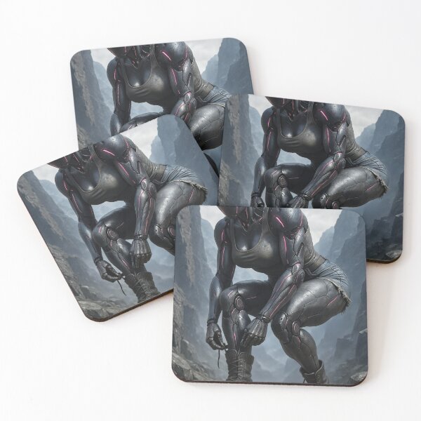 Item preview, Cybernetic warrior adjusts boots on mountain path designed and sold by CathryneDelamort.
