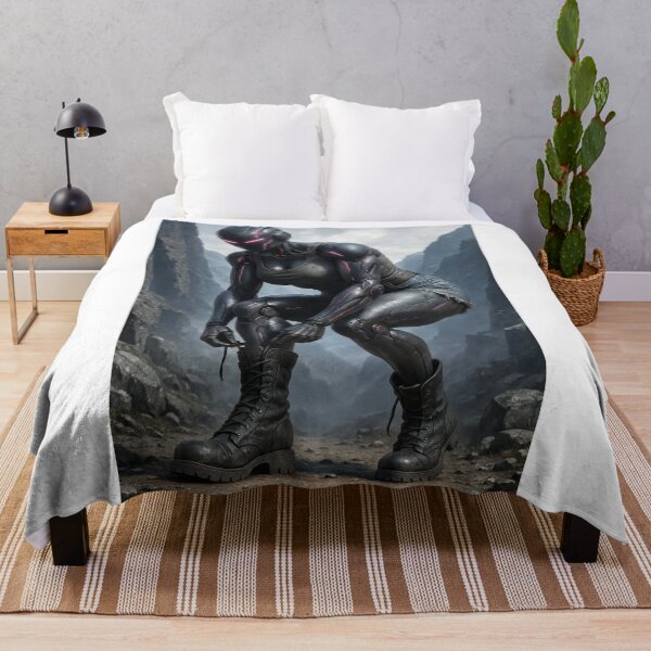 Item preview, Cybernetic warrior adjusts boots on mountain path designed and sold by CathryneDelamort.