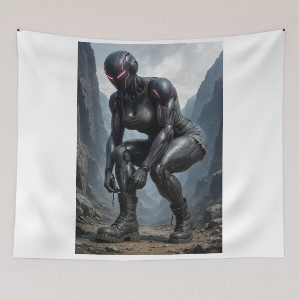 Item preview, Cybernetic warrior adjusts boots on mountain path designed and sold by CathryneDelamort.