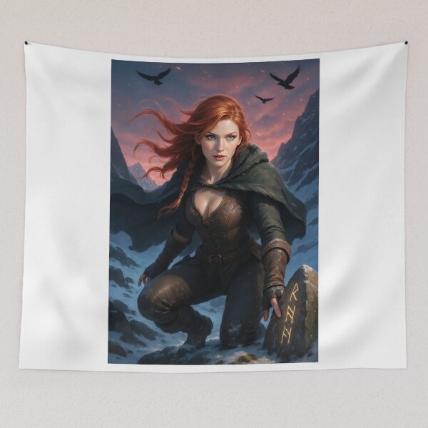 Item preview, Rowan kneels in armor snowy mountain crows above designed and sold by CathryneDelamort.