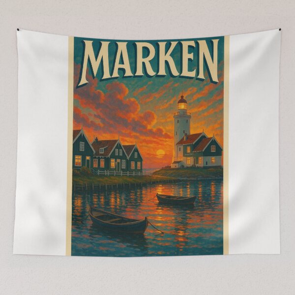Item preview, Sunset Reflections at Marken Harbour – Lighthouse and Dutch Charm designed and sold by Places On Earth.