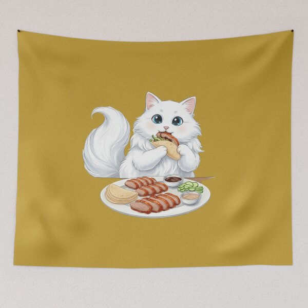 Item preview, Kawaii Foodie Cat Eating Peking Duck - White longhair cutie - China designed and sold by digitalbitcraft.