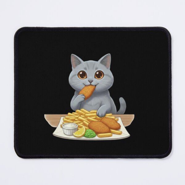 Item preview, Kawaii Foodie Cat Eating Fish and chips - Gray British Shorthair - UK designed and sold by digitalbitcraft.