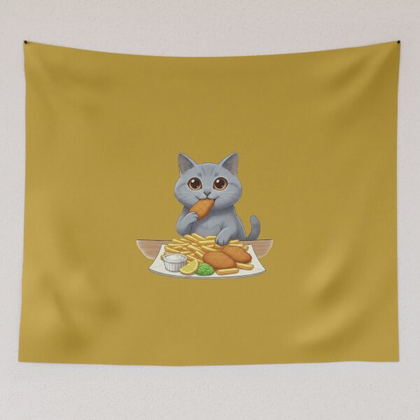Item preview, Kawaii Foodie Cat Eating Fish and chips - Gray British Shorthair - UK designed and sold by digitalbitcraft.