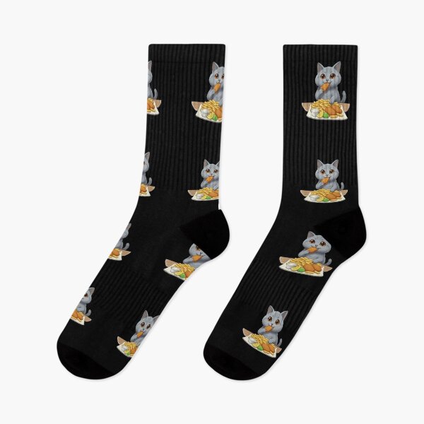Item preview, Kawaii Foodie Cat Eating Fish and chips - Gray British Shorthair - UK designed and sold by digitalbitcraft.