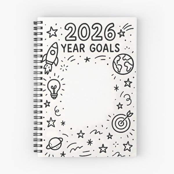 Item preview, 2026 Year Goals – Black and White Cute Doodle Sheet with Space Rocket Earth Stars Arrows designed and sold by EmeraldeaDesign.